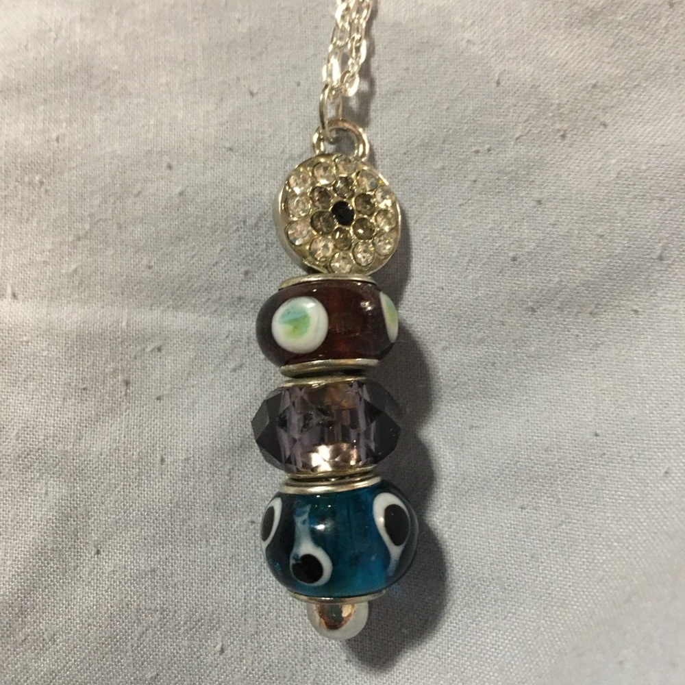 Bead Holding Pendant with 3 beads on chain - blues